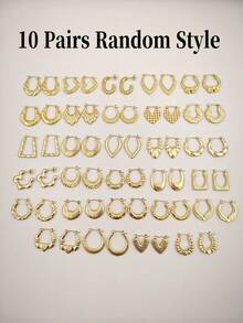 1/5/10/15 Pairs Minimalist Elegant Gold Tone Earring Set, Unique Design Daily Personalized C-Shape, U-Shape, Hoop, Heart, Asymmetrical Geometric, Smooth, Textured Earrings, Assorted Styles Random Mix - Gold - View 10