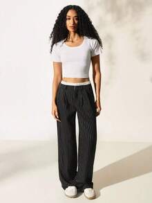Pantalones anchos de mujer con pliegues y rayas, con cintura de bloques de color para otoño/invierno - Blanco y Negro - Ver 3