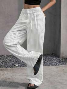 Pantalones anchos de mujer con pliegues y rayas, con cintura de bloques de color para otoño/invierno - Blanco - Ver 4