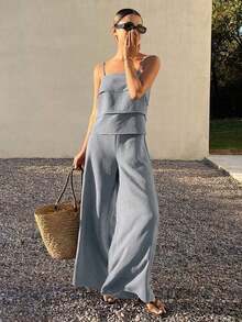Conjunto de 2 piezas de top de tirantes con volantes y pantalones sueltos casuales de verano para mujer - Niebla azul - Ver 5