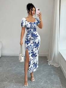Vestido floral de cuello cuadrado, mangas de pétalo, cintura ceñida y ajustado para mujer, primavera/verano - Azul y blanco - Ver 5