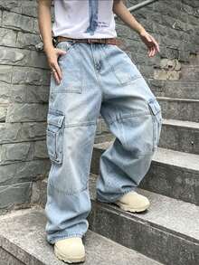 Celana Jeans Lurus Longgar Modis, Gaya Streetwear Amerika untuk Pria - Light Wash - View 1
