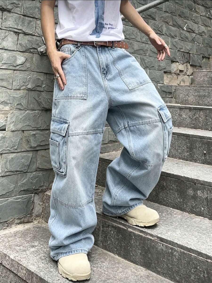 Celana Jeans Lurus Longgar Modis, Gaya Streetwear Amerika untuk Pria - Light Wash - View 1