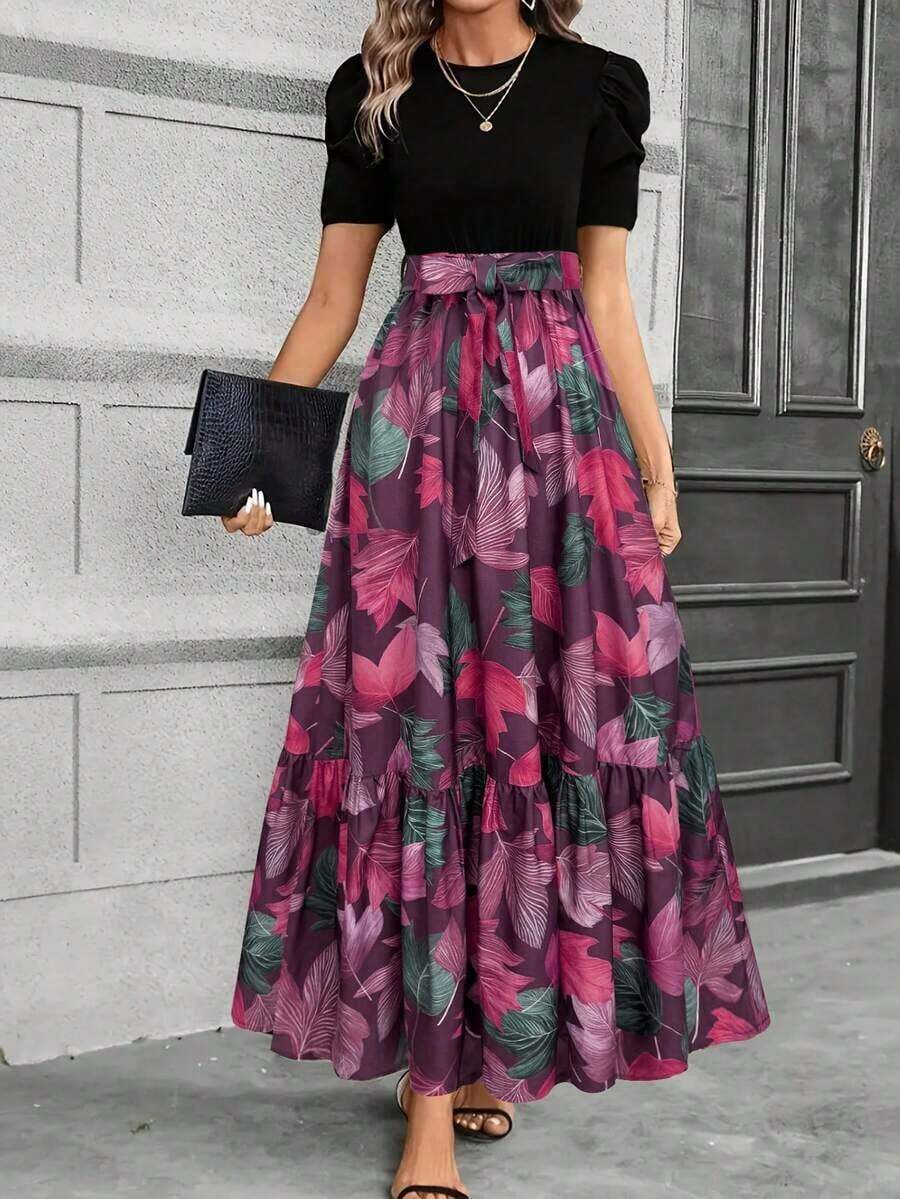 Vestido elegante de línea A con mangas abullonadas, decoración de lazo, diseño de bloques de color, cuello redondo, lavable a máquina, vestido casual para primavera/verano, adecuado para ir al trabajo, fiestas, playa, ocasiones de alta gama y vacaciones, color negro - Morado - Ver 1