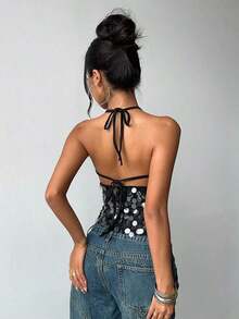 Nuevo camisol de tirantes finos con espalda descubierta y lentejuelas rosas para mujer, elegante y sexy, ideal para el Día de San Valentín, fiestas y viajes - Negro - Ver 2
