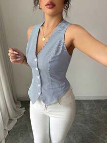 Camiseta de tirantes de mujer minimalista y de rayas con cuello en V y abotonadura sencilla para usar en la ciudad - Azul 2 - Ver 6
