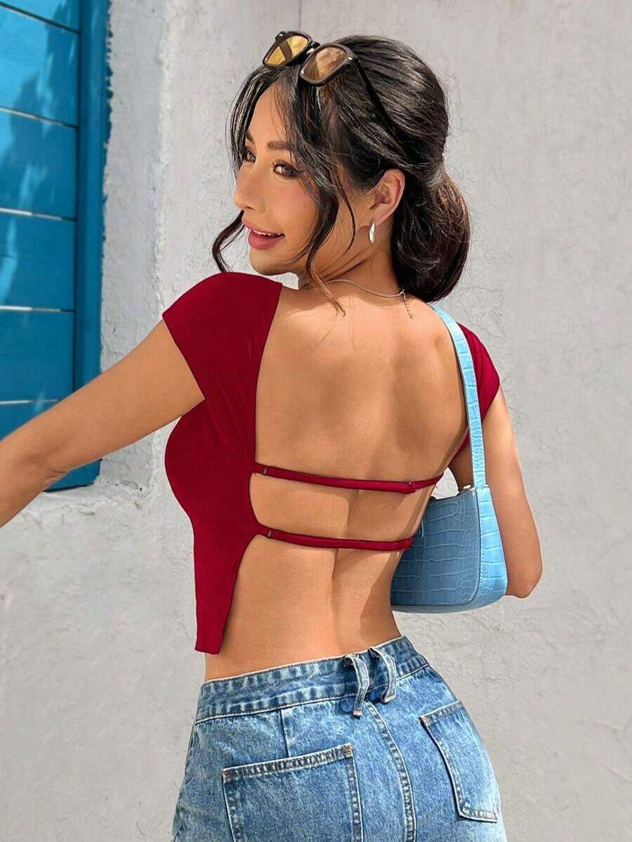 Camiseta corta negra de punto ajustada y sin espalda para verano - Burdeos - Ver 1
