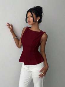 sin mangas elegante para ir a la oficina, diseño minimalista, casual de negocios para mujer, ropa de oficina, salir, para maestras, blusa casual para mujer, blusa social para mujer - Burdeos - Ver 1