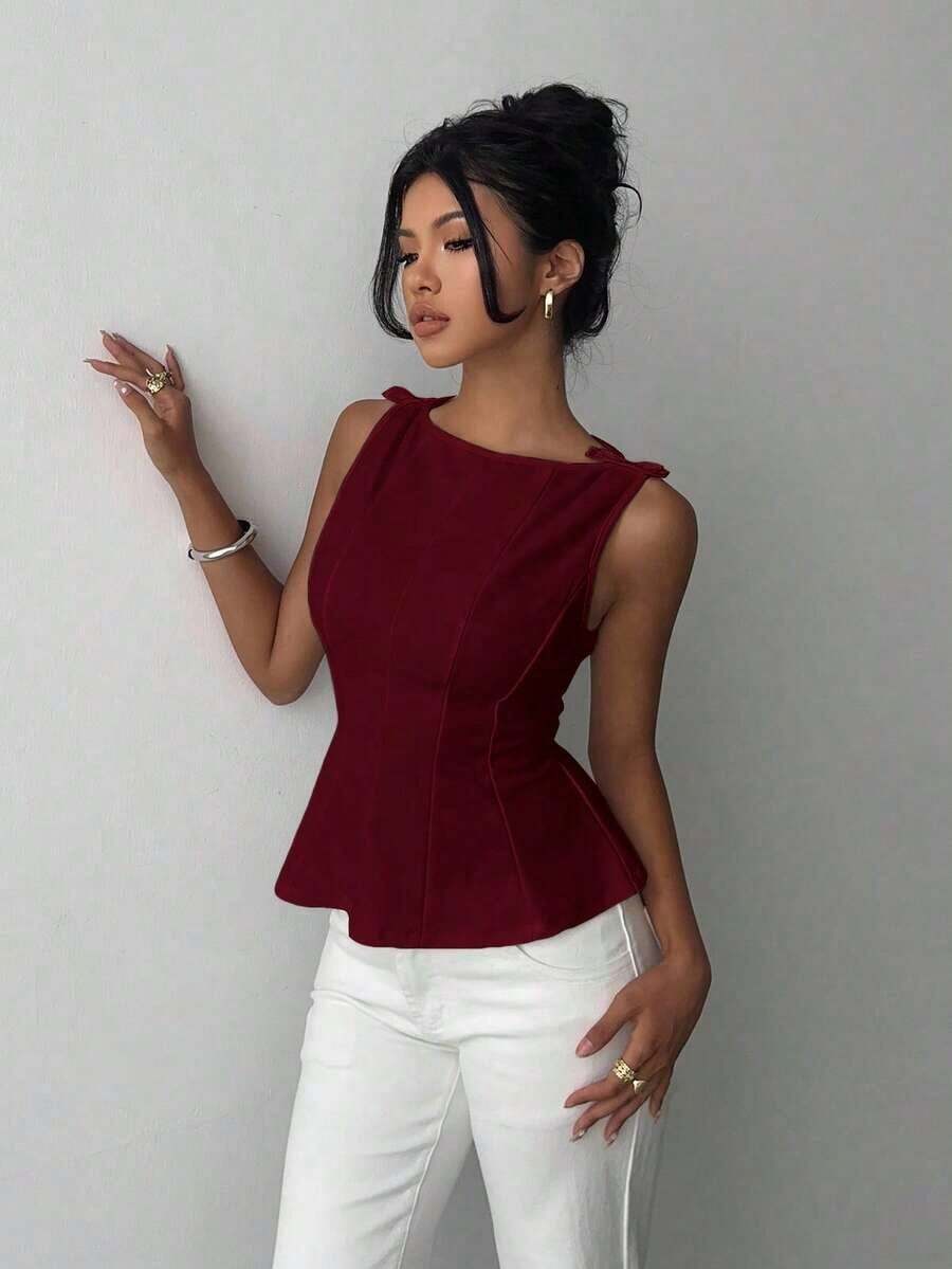 sin mangas elegante para ir a la oficina, diseño minimalista, casual de negocios para mujer, ropa de oficina, salir, para maestras, blusa casual para mujer, blusa social para mujer - Burdeos - Ver 1