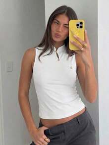 Chaleco de estilo chino retro con cuello negro para mujer - Blanco - Ver 1