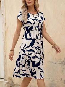 Vestido corto con cuello redondo y manga corta de estampado geométrico, casual para mujer, adecuado para primavera/verano - Multicolor 4 - Ver 4