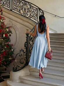 Elegante vestido maxi romántico francés con espalda descubierta, cintura ceñida y diseño calado, elegante y sexy, adecuado para Navidad, fiestas de vacaciones, citas de verano - Azul - Ver 6