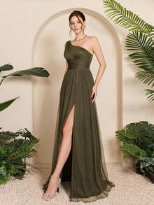 Vestido de malla con un hombro asimétrico, pecho fruncido, recorte hueco y abertura alta en A, vestido de dama de honor para boda, color rosa, primavera - Verde militar - Ver 1