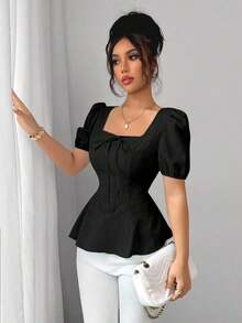 Nueva blusa elegante de mujer con manga de farol de lazo francés y tela jacquard versátil y de moda - Negro - Ver 3