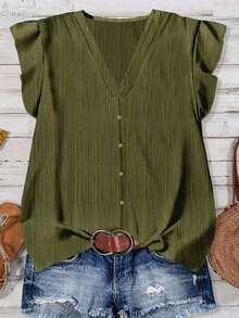 Camisa minimalista casual para mujer, adecuada para el verano - Verde militar - Ver 7