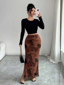 Falda ajustada de malla con estampado de leopardo para mujer, ropa de otoño - Multicolor - Ver 4