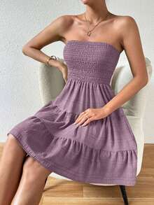Vestido Tubo Minimalista de Color Sólido con Volantes en el Bajo para Mujer, Verano - Morado - Ver 4