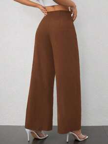 Pantalones de Pierna Ancha de Cintura Alta con Textura para Mujer, Estilo Casual y Sencillo, para la Temporada de Regreso a Clases y Uso Diario - Marrón - Ver 2