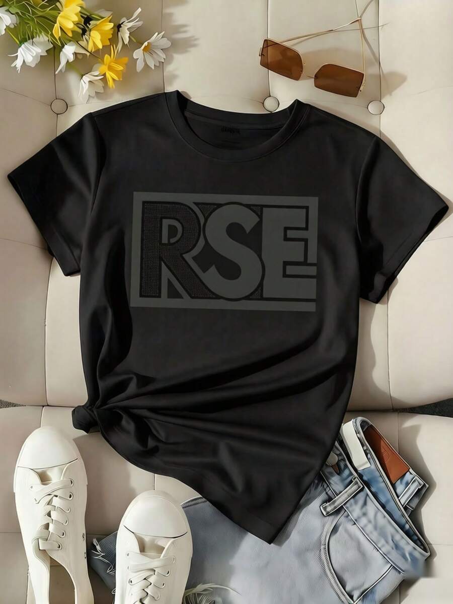 Women's Fashion Black 100% Cotton T-Shirt, Medium Stretch Everyday Basic Tee for Fall - Negro - Ver 1
