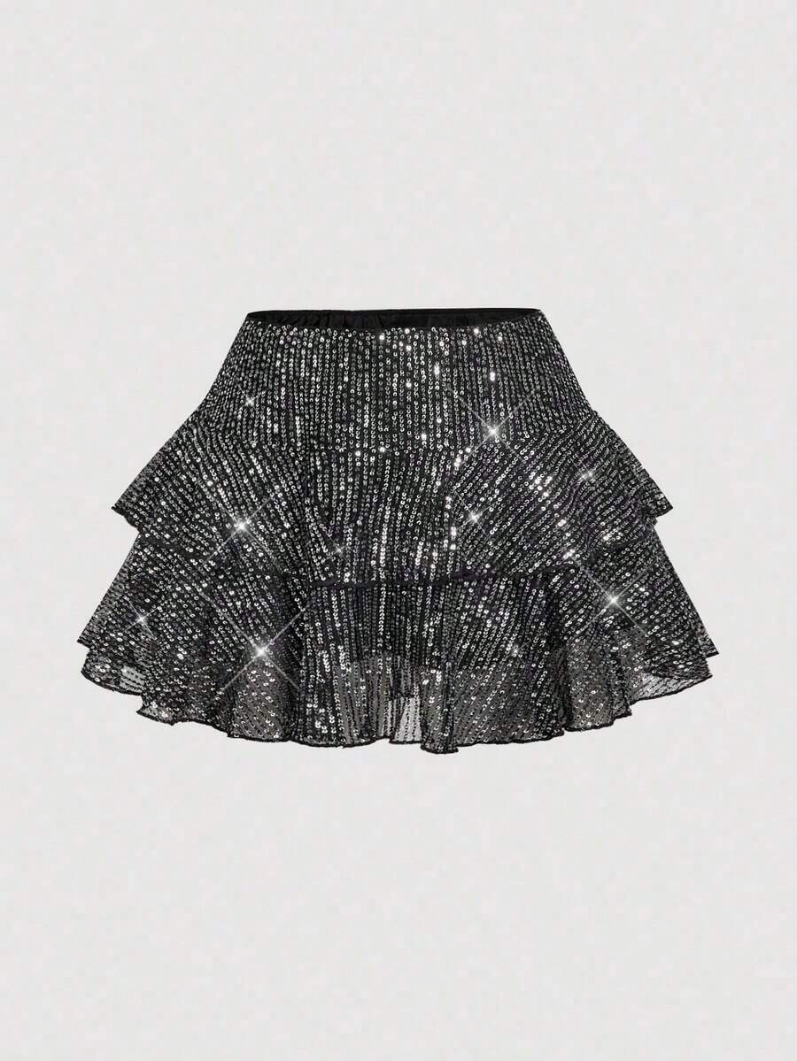 MOD Falda de cintura baja con doble volante con lentejuelas para mujer - Plateado - Ver 1