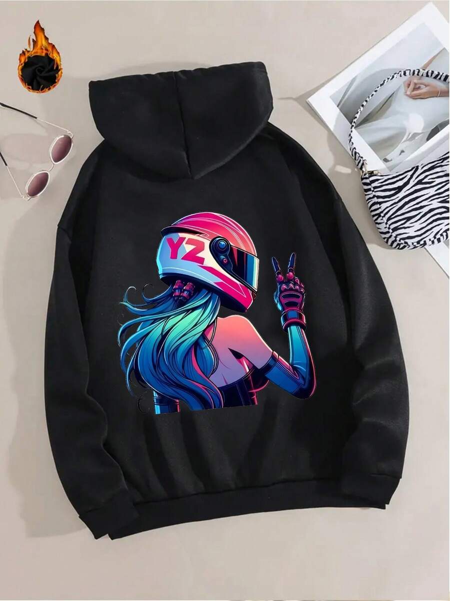 Women's Casual Summer Top, Stylish Design, Printed With A Motorcyclist Making A Peace Sign. This Fashionable Casual Sporty Hoodie Features A Printed Back, Drawstring Design, Loose Fit, And Kangaroo Pockets, Suitable For Everyday Wear. - Black - View 1