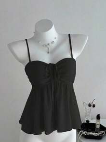 Camiseta de tirantes con volantes de unicolor lindo para damas, ropa de verano para la universidad - Negro - Ver 3
