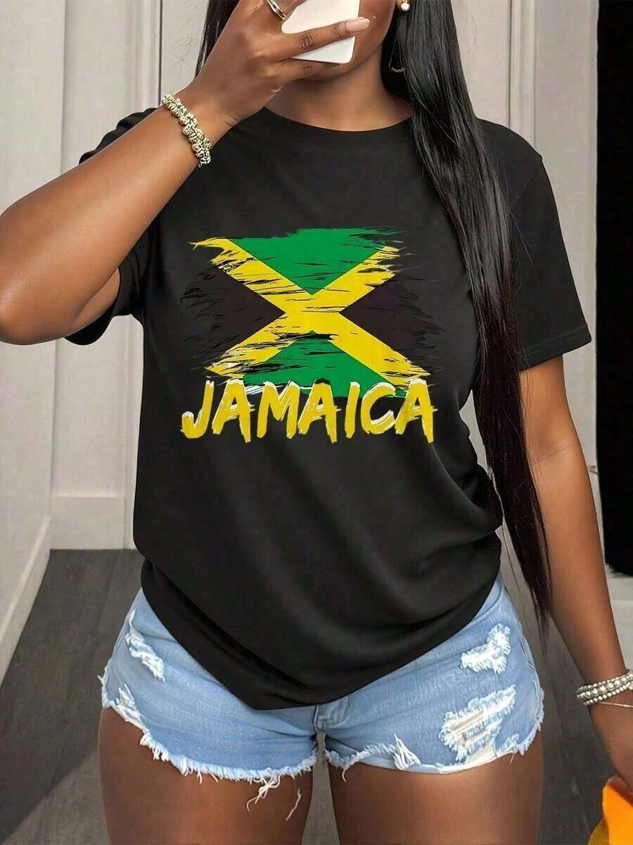 Women's Jamaican Flag T-Shirt, Graphic Tee With Jamaican Flag Design, Island Patriotic Style Top, Perfect For Caribbean Festivals, Cultural Celebration Outfit, Island Trip T-Shirt, For Women - 黑色 - 查看 1