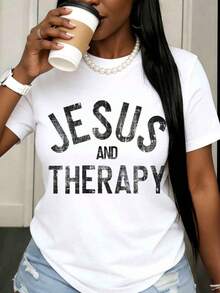 1 Piece Women's White T-Shirt "Jesus And Therapy", Casual Graphic Tee, Religious Faith Statement Top, Comfortable Cotton T-Shirt For Everyday Wear, 180g, 100% Soft Cotton - 白色 - 查看 7