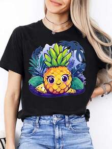 Camiseta Casual de Cuello Redondo para Mujer, Linda y Divertida, con Estampado de Piña de Dibujos Animados, Estilo Fresco; Ideal para Regalar a Amigas - Camiseta Unisex de Algodón de Manga Corta y Cuello Redondo, Estilo Vintage Urbano, blusas para mujer, playeras de mujer, blusas casuales para dama. - Negro - Ver 1