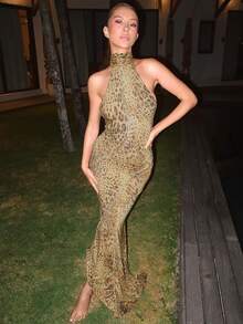 Leopard Print Dress With Halter Neck And Open Back, Fitted Cut - Gold - View 2