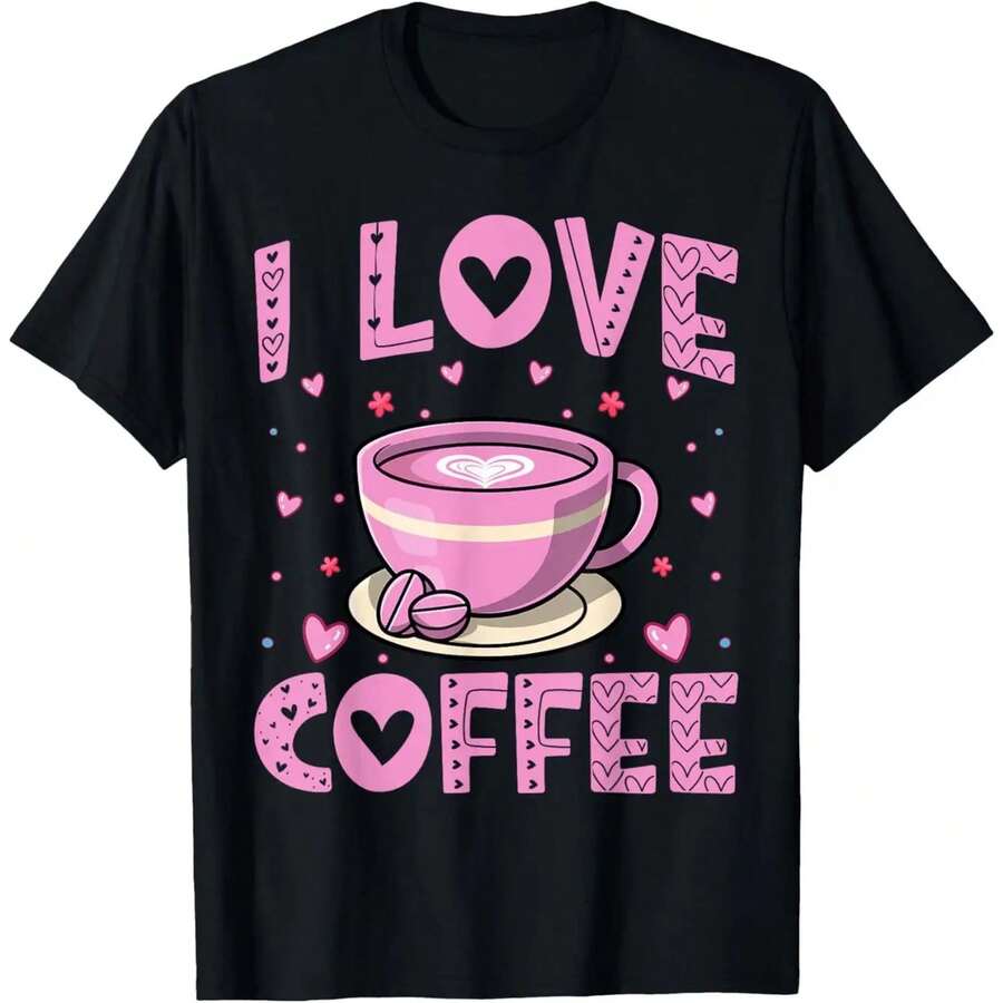 Love Coffee - Fun Caffeine Addict Coffee Lover Graphic T-Shirt, Premium Quality Round Neck Shclothest Sleeve clothes Tee, Unique Art clothes, Casual M - Negro - Ver 1