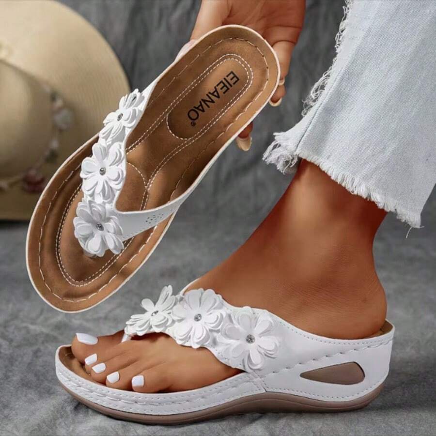 Women Plus Size Elegant Open Toe Sandals, Solid Color Floral Decor Summer Fairy Flip Flops, Fabric Upper Lining, Microfiber Insole & Non Slip Outsole