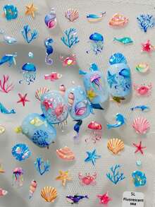 3D 浮雕海洋世界美甲貼紙 幻彩貝殼海星水母 自黏式美甲貼花 可愛夏季海洋美甲 DIY 裝飾用品 女孩適用 - 彩色 - 查看 5