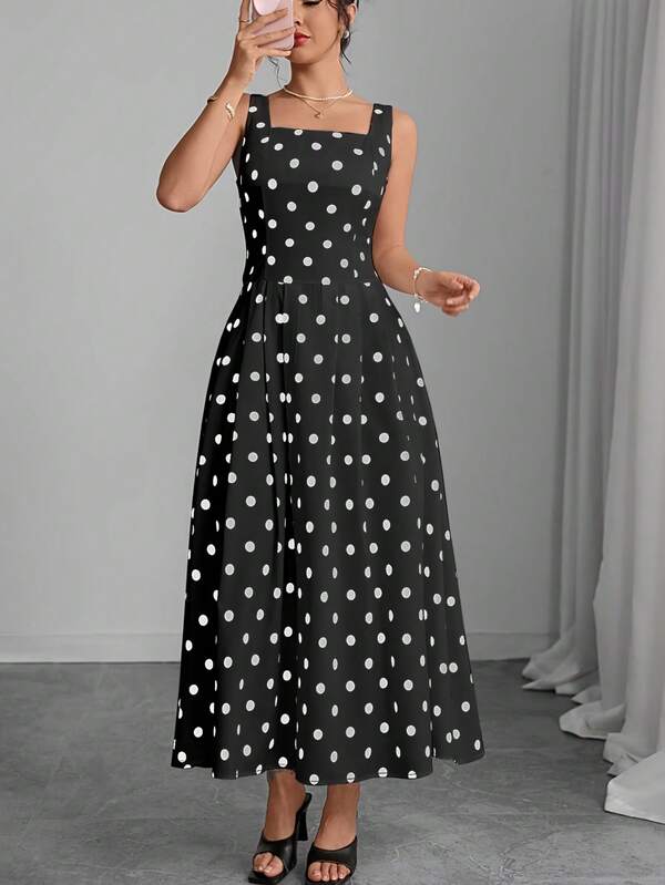 Elegante vestido camisola largo de satén sin mangas con cuello cuadrado y lunares, falda acampanada, tejido sin elasticidad, para vacaciones de verano
