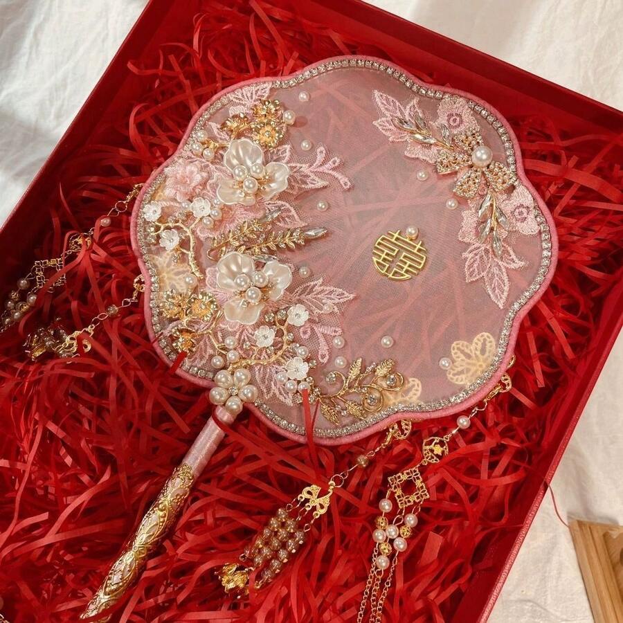 Traditional Chinese Wedding Fan For Brides - Vintage Palace-Style Round Handheld Fan, Suitable For Chinese Weddings, Plastic Wedding Decorations, Bridal Adornments, Summer Ceremonies, And Cultural Events - 藍色的 - 查看 1