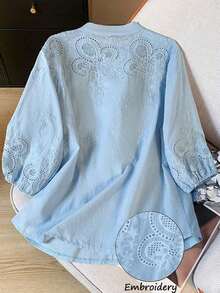 Lightweight, Semi-Sheer Blouse With A V-Neck And Unstructured Embroidery, Perfect For Spring/Summer And Holidays - Blue - View 5