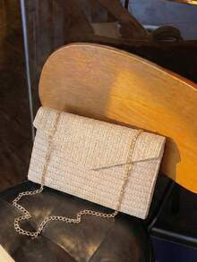 1pc Summer Design New Women's Clutch Bag, Shoulder Diagonal Chain Envelope Bag, Straw Woven Vacation Bag, Casual Chic Striped Design Elegant Popular Bag, Suitable For Beach Vacation, Beach Outing, Etc. - Beige - View 5