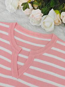 Collegiate Style Pink Striped Knit Short Sleeve V-Neck Pullover Sweater, Summer, Medium Stretch, Drop Shoulder Design, Regular Length - Pink - View 3