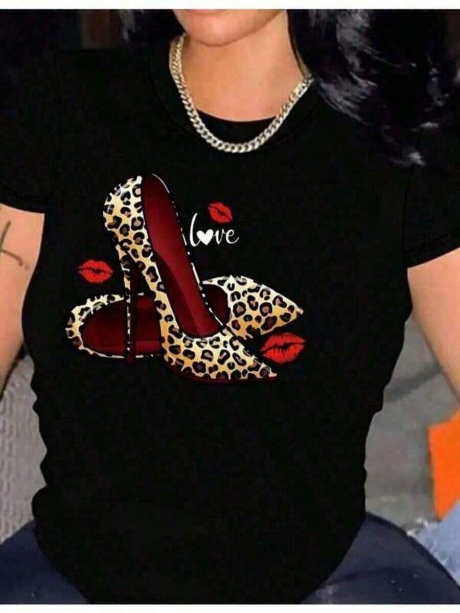Special Offer On Plus Sizes: 1pc Women's Short-Sleeved, Crew-Neck Athletic T-Shirt, 100% Cotton, 180g. Designed By A Y2K Artist In The Bababask Style, Ideal For Everyday Wear, Parties, And All Kinds Of Celebrations. Featuring A Stylish And Modern Letter Print, It's Perfect As A Gift Or For Couples To Coordinate, And Can Be Worn Any Time Of Year. - 黑色 - 查看 1