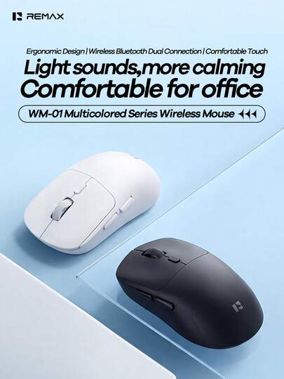 REMAX WM-01 블루투스 2.4G 무선 마우스는 조용한 작동, Type-C 충전, 인체공학적 디자인, 무선 블루투스 연결, 편안한 그립감을 제공하며 PC, 노트북, 태블릿 등 다양한 기기와 호환됩니다.