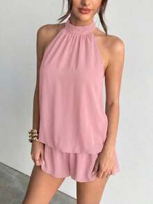 casual de verano para mujer con cuello halter, unicolor y volantes en el bajo - Rosa - Ver 6