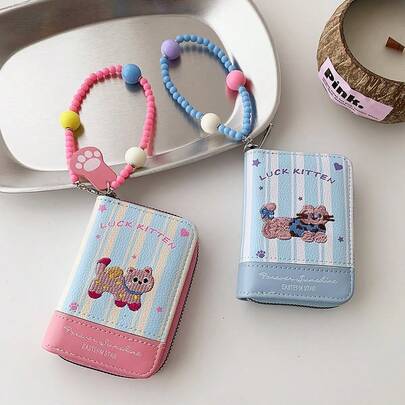 Dopamine Cat Beaded Pendant Card Holder! Women's Accordion Card Wallet With Large Capacity Travel Essential Holiday Essential Teacher Gift Birthday Gift
