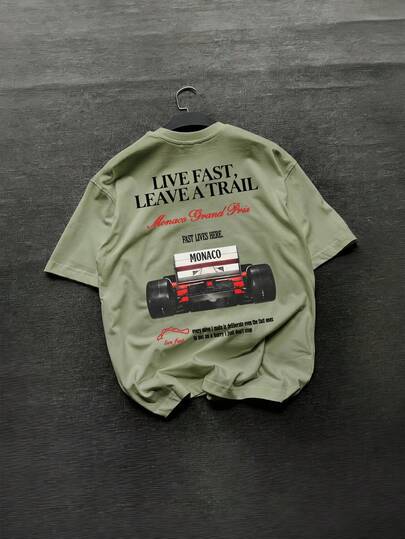 Fractyr T-shirt ample à col rond pour hommes avec impression recto-verso, avec imprimé numérique, slogan, lettrage, graphiques de voiture de course, impression avant et arrière, style moto, Top d'été confortable et respirant