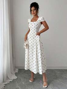 Vestido largo de mujer con cuello cuadrado, manga corta, plisado en la cintura y estampado de lunares elegante - Multicolor - Ver 7