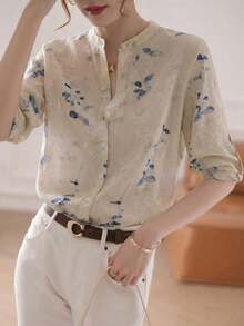 Blusa de mujer de manga 3/4 con cuello alto, estampado floral acuarela azul grisáceo| Blusa de ajuste ceñido, transpirable, de manga acampanada, para oficina/vacaciones, primavera/verano - amarillo ganso - Ver 4