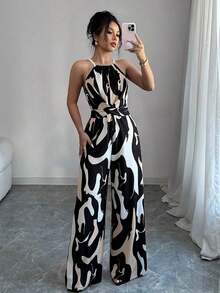 Women's Printed Jumpsuit With A Fitted Waist, Elegant For Holidays And Everyday Wear With A Halter Neck - 巧克力棕 - 查看 11