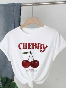 Envío gratis, entrega local enéxico, entrega en 4 días. Camiseta con estampado de cerezas y letras, cuello redondo, manga corta, estilo casual, adecuada para mujeres en primavera y verano. - Blanco - Ver 5