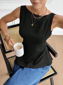 Camisa sin mangas y sin espalda elegante y casual de 100% algodón, conjunto de verano para damas - Negro - Ver 5