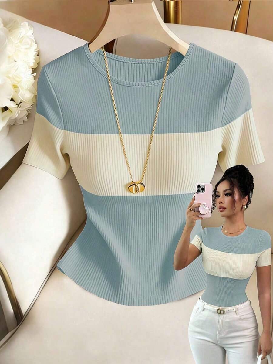 Camiseta casual de mujer de cuello redondo y manga corta con contraste de color acanalado - Azul - Ver 1