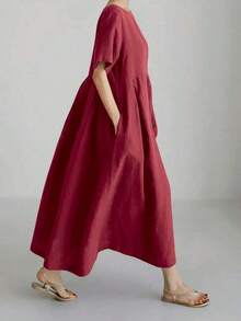 Vestido de lino suelto, casual, elegante y cómodo para mujer.Vestido largo suelto de manga corta, con bolsillo, cuello redondo y unicolor.Ajuste relajado para el verano - Rojo - Ver 4